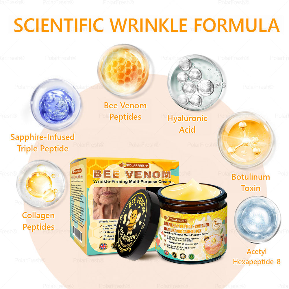 🔥 Made & Shipped from UK | Clinically Proven: PolarFresh® Bee Venom Wrinkle-Firming Multi-purpose Cream with bee venom peptides, botulinum toxin, hyaluronic acid, and collagen💧. Targets wrinkles, fine lines, sagging, stretch marks, dark spots and more