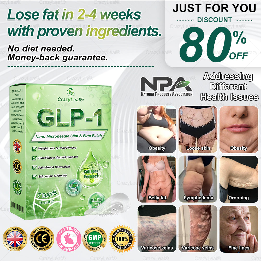UK Clinically Proven|Official Store | CrazyLeaf® SMGT-GLP-1 Nano Microneedle Patch with Collagen & Matrixyl 3000 丨Targets Obesity, Loose Skin, High Blood Pressure, Diabetes, Fatty Liver, Joint Pain, Brain Fog, Low Energy, Body Aches, and More