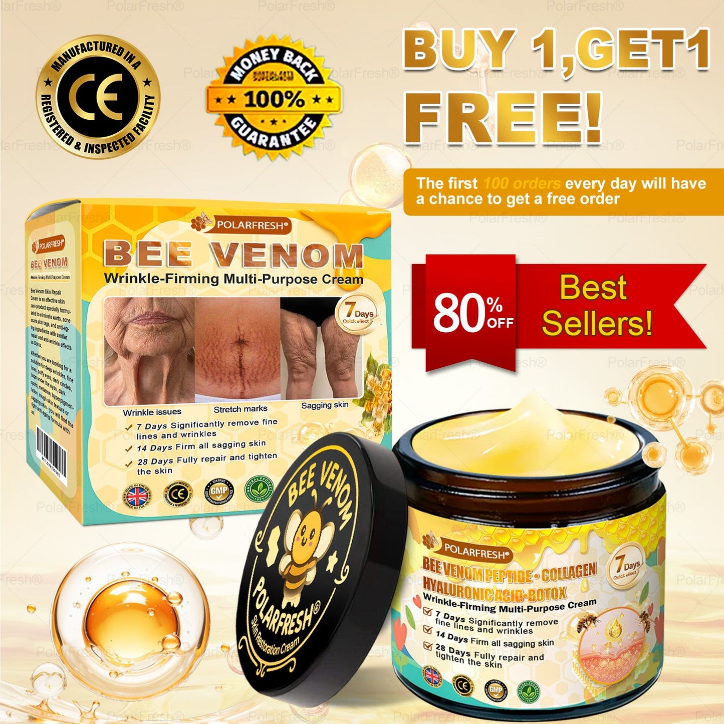 🔥 Made & Shipped from UK | Clinically Proven: PolarFresh® Bee Venom Wrinkle-Firming Multi-purpose Cream with bee venom peptides, botulinum toxin, hyaluronic acid, and collagen💧. Targets wrinkles, fine lines, sagging, stretch marks, dark spots and more