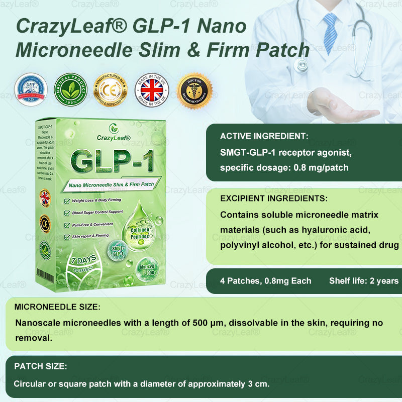 UK Clinically Proven|Official Store | CrazyLeaf® SMGT-GLP-1 Nano Microneedle Patch with Collagen & Matrixyl 3000 丨Targets Obesity, Loose Skin, High Blood Pressure, Diabetes, Fatty Liver, Joint Pain, Brain Fog, Low Energy, Body Aches, and More